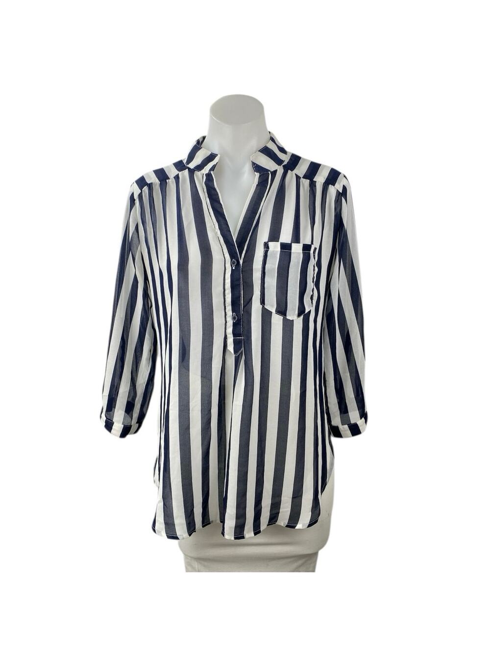 Xtaren Women's Blue White Striped 3/4 Sleeve Pocket Blouse Shirt Tunic Top Sz M